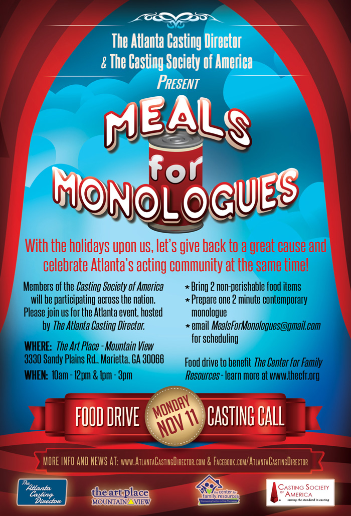 Meals for Monologues presented by The Atlanta Casting Director and the Casting Society of America 2013 Poster and logo